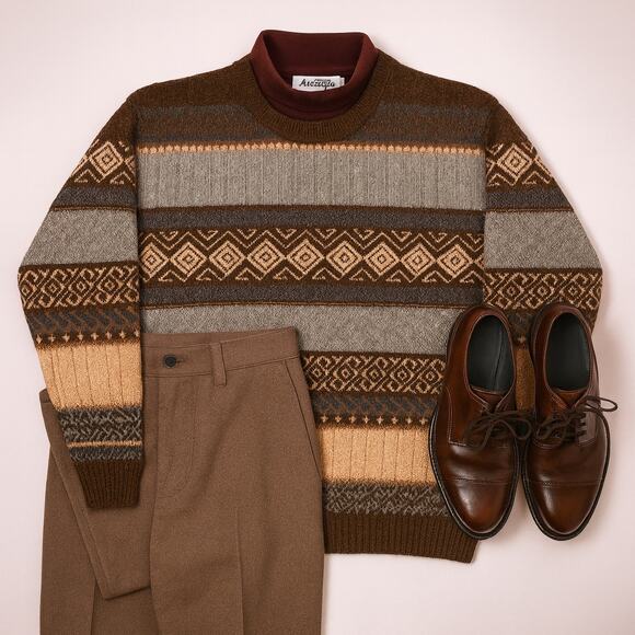 Antartex Wool Fair Isle Sweater Brown Gray Vintage Knit XL - Picture 2 of 7